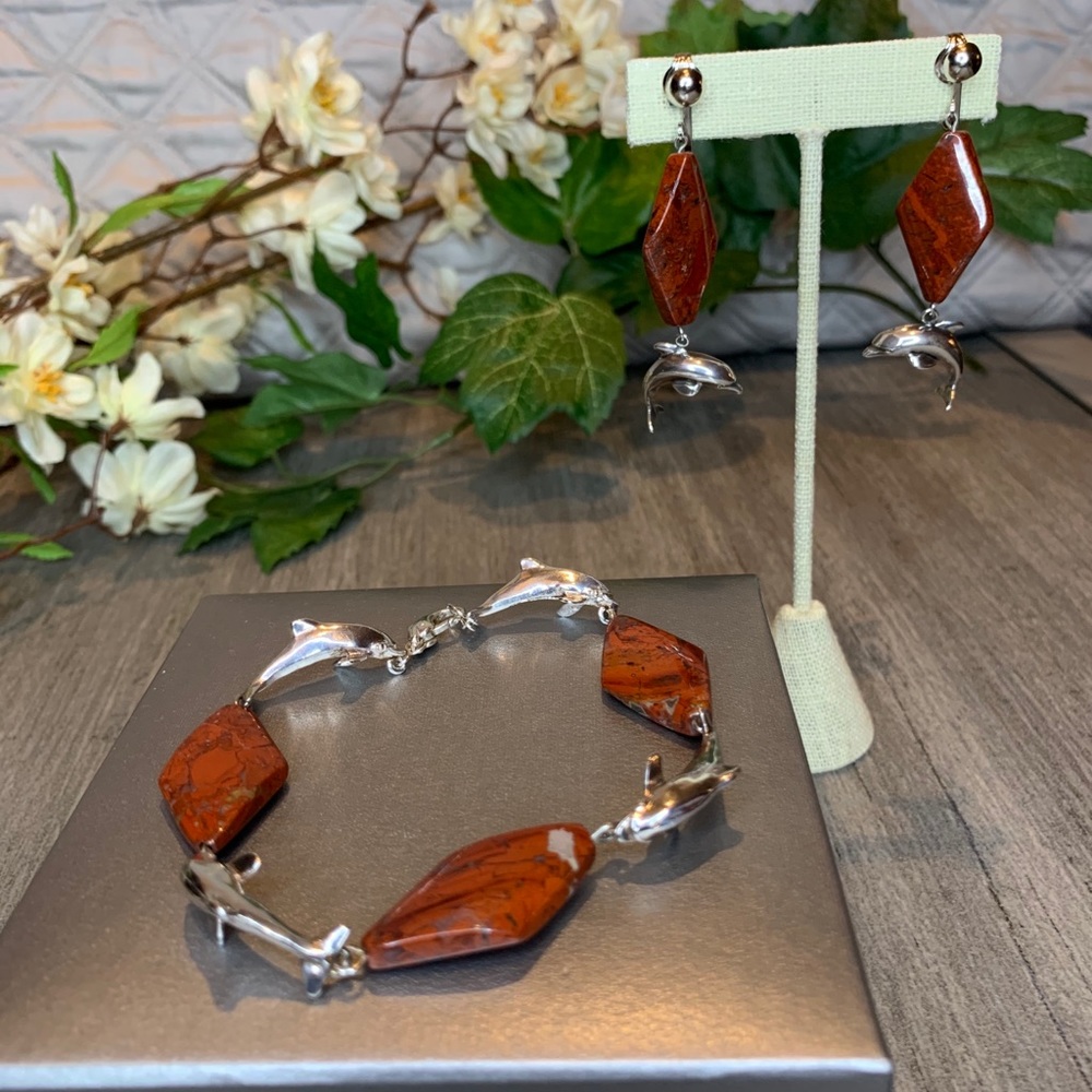 Vintage Kabana 925 Dolphin Bracelet & Earrings - Picture 1 of 5